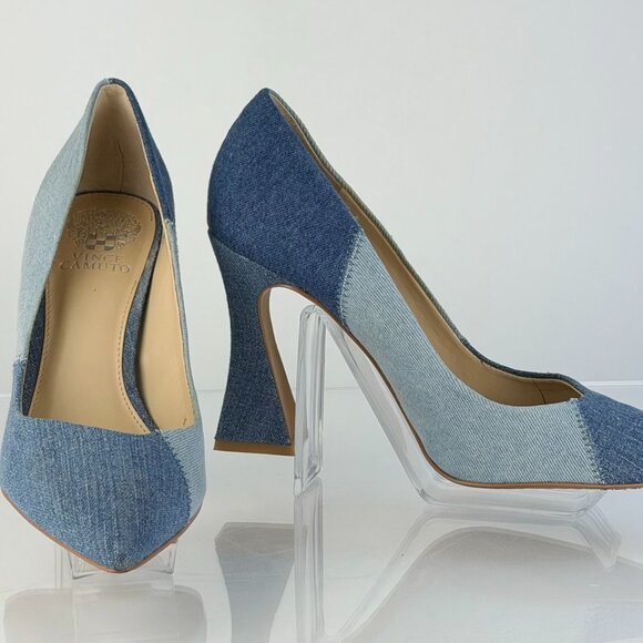 Vince Camuto Patchwork Denim Flare Heel Pumps 4" Classic Pointed Toe 9.5M - Picture 2 of 10